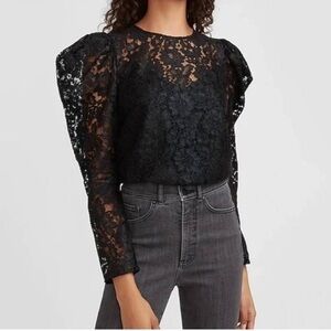 Structured black lace exaggerated shoulder, statement sleeve ladies blouse sheer